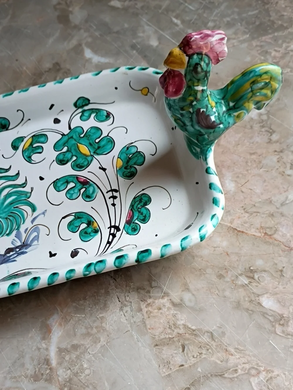 Majolica Orvieto Green Rooster Olive Dish from Deruta Italy Signed